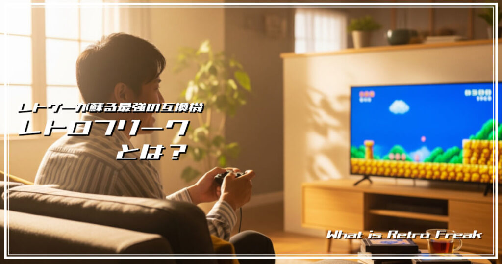 リビングでレトロゲームを楽しんでいる男性をイメージした画像です。