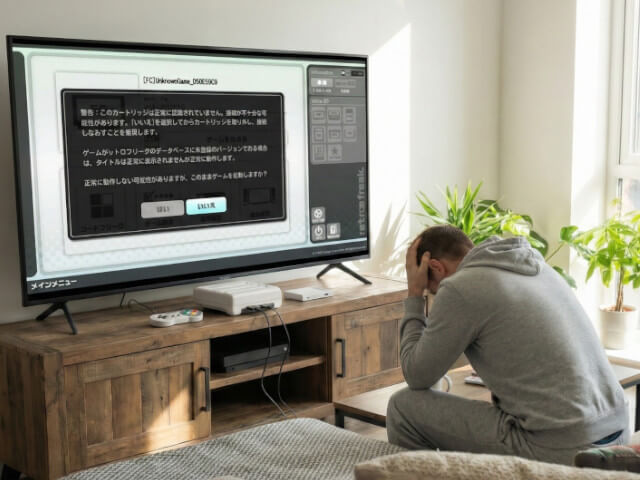 レトロフリークでソフトが動かずにTVの前でガッカリしている男性の画像です。