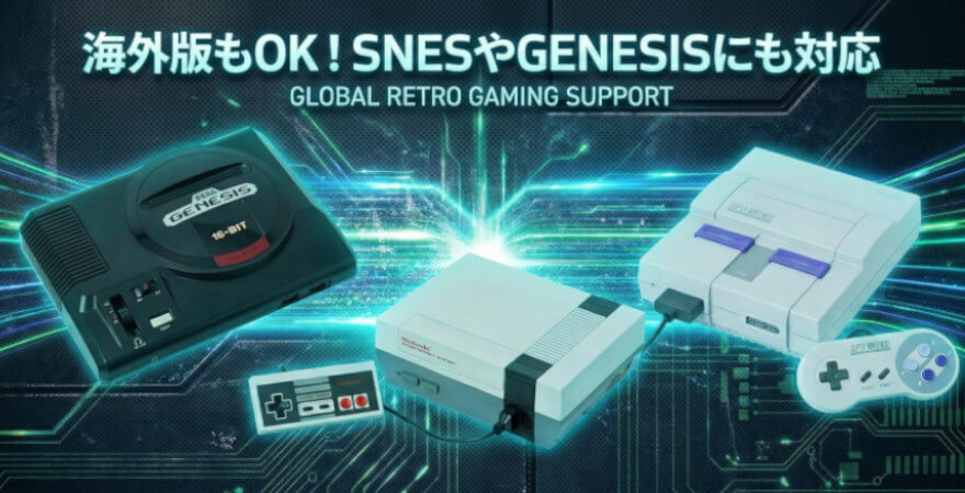 海外版のゲームソフトにも対応しているレトロフリークをイメージした画像です。
