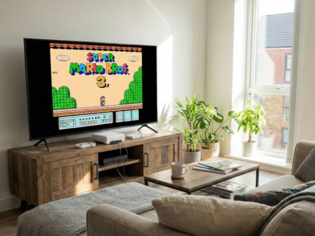 レトロゲームを大画面TVで映しているところをイメージした画像です。