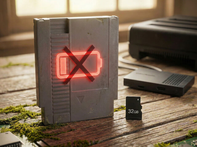 レトロゲームのカセットのバッテリー切れをイメージした画像です。