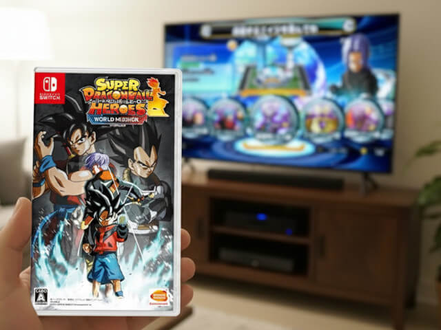 ドラゴンボール-ヒーローズ-for-Nintendo-Switchのパッケージとプレイ画面の画像です。