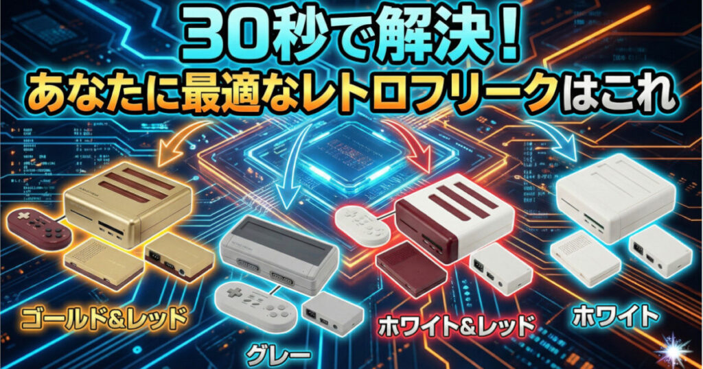 「30秒で解決-あなたに最適なレトロフリークはこれ」をイメージした画像です。
