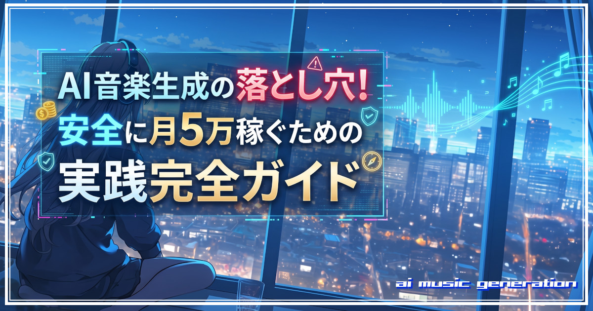 AI音楽生成の落とし穴！安全に月5万稼ぐための実践完全ガイドをイメージした画像です。
