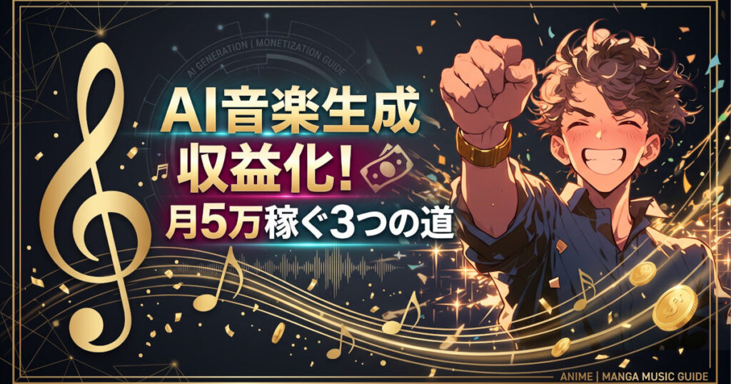 AI音楽生成-収益化！月5万稼ぐ3つの道をイメージした画像です。